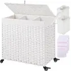 Greenstell Laundry Hamper with Wheels&Lid, 125L Large 3 Sections Clothes Hamp...