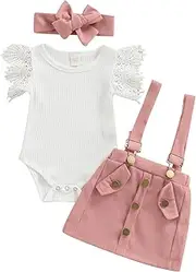 [pengnight] Toddler Baby Girl Skirt Set Lace Short Sleeve T-Shirt Top Button Suspender Skirt 3PCS Set