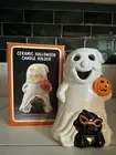 Vtg Kmart Halloween White Ghost JackOLantern & Black Cat Candle Holder