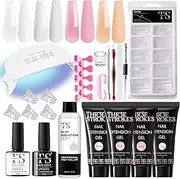 THR3E STROKES Poly Nail Extension Gel Kit with UV LED Lamp, Slip Solution, Nail Gel Brush, Dual-Form Nail Tips & Manicure Tools - Professional Nail Art Kit for DIY Salon-Quality Nails at Home (22