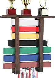 Martial Arts Wooden Belt Display Holder Hanging Wall Mount Rack for 7 Belts and 12 Medal Hooks- MK1013A