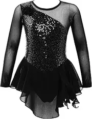 [Oyolan] Kid Girls Mock Neck Mesh Splice Cutout Gymnastics Leotard Dress Figure Ice Skating Roller Dancewear