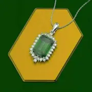 3.00Ct Emerald Cut Lab Created Green Emerald Halo Pendant 14K White Gold Plated