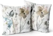 Linki Brown Cream Grey Teal Floral Pillow Covers Watercolor Flower Couch 20x20'' Pillow Cases Rustic Abstract Modern Throw Pillows Set of 2 Farmhou...