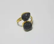 New! Marz Gems Gold Plated Sterling Silver Black Druzy Gemstone Adjustable Ring