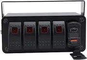 Rocker Switch Box, 12V 24V 4 Gang Rocker Toggle Switch Panel Box, 20 Amp, SPST On/Off PD Type C and QC 3.0 USB Voltmeter for Auto Automotive Lights Boats RVs Trucks (Red Light)