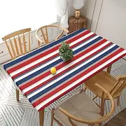 5 Foot Rectangle Elastic Fitted Tablecloth, Waterproof Edged Great for Picnic Party Outdoor Patio,Red Blue White Gray Stripes