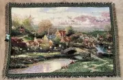 NWT 1999 Thomas Kinkade Painter Light Throw Blanket Tapestry Town River Bridge