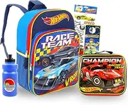 [Color Shop] Hot Wheels Backpack and Lunch Box for Kids - 6 Pc Bundle with 16'' Backpack, Bag, Water Bottle, Cars Trucks Stickers, Clip, More (Hot School Supplies), travel set, Backpacks