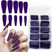 LoveOurHome 100pc Coffin Press on Nails Long Fake Nails Matte Full Cover False Nails Press ons Artificial Nail Medium Ballerina Fake Fingernail Violet Presson on Nail Tips for Women Kids Girls