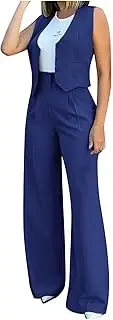 [HGps8w] Pant Suits for Women Dressy Casual 2 Piece Outfits Sleeveless V Neck Blazer Vest with Wide Leg Pants Work Office Sets, 01 Blue, X-Large