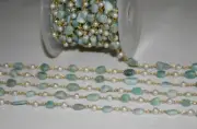 Amazonite oval & 4mm pearl beads rosary chain, gemstone beaded beads body chain