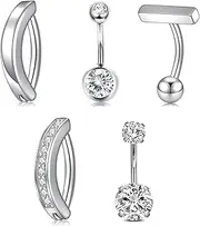 [QZKJQDD] Pack of 5 Stainless Steel Belly Button Piercing, Surgical Steel, 14G Anti-Allergic Belly Button Piercing Set, Suitable for Women's Jewellery, Belly Button Piercing Jewellery (Silver), 1.6CM,