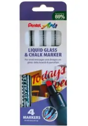 PENTEL LIQUID CHALK MARKER - WATERPROOF WET ERASE CHISEL TIP - WHITE -PACK OF 4