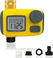 Honitra Water Sprinkler Timer 3 Plans with Child Lock,15 Days Rain Delay Cycle Plan- Interval Garden Hose Timer, Water Flow Meter for Outdoor Use - 1 Outlet Automatic Watering System for 3/4" Hoses