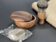 Wooden Shaving Badger Brush & Soap Bowl w The Lid Cover & Shaving Soap Man Gift