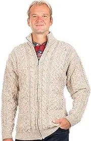 [SAOL] Irish Cardigan for Men's 100% Worsted Wool Zipper Aran Cable Knit Coat with Pockets