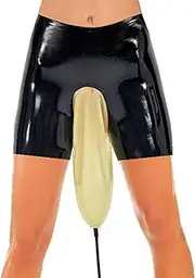 [GREEFEI] Black Latex Boxer Shorts for Women, Rubber Fashion Underwear with Urine Bag in Crotch, Handmade, Club Clothing, Black, XX-Large