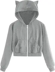 [Generic] Women's Hoodies Sweatshirts Casual Cat Ears Hooded Zip Pocket Sweatshirt Top Crop Tops