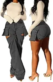 [Vaceky] Women's Cargo Jeans & Denim Shorts Baggy Straight Leg Patchwork Buttons Convertible Pants