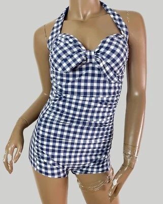 Seafolly One-piece Blue & White Gingham Boyleg Swimsuit Size 12