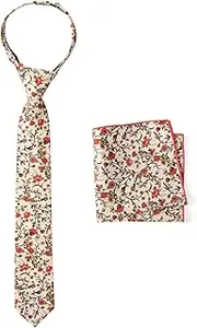 [Spring Notion] Boys' Cotton Floral Print Zipper Necktie and Pocket Square Set
