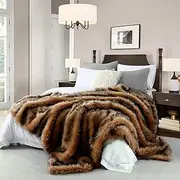 Luxury Plush Faux Fur Blanket King Size, Long Pile Brown with Black Tipped Blanket, Oversized Super Warm, Fuzzy, Elegant, Fluffy Decoration Blanket Scarf for Sofa, Armchair, Couch and Bed, 104"x90"