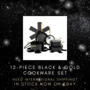 12pc Non-Stick Cookware Set Black & Gold | Fry Pans, Stock Pot, Saucepan + More