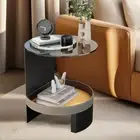 2 Tier Round Glass Side Table Saddle Leather Storage Modern Bedside Accent Table