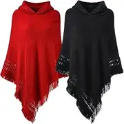 [Liitrsh] 2 Pcs Women Knitted Hooded Cape with Fringed Hem Solid Color Crochet Poncho Women's Pullover Sweaters Knit Pattern