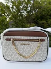 Michael Kors Jet set Chain Crossbody Vanilla Brown Mk Logo Purse Leather