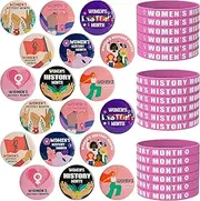 Wehhbtye 36Pcs Women's History Month Badge Pins and Bracelets Set, 1.75'' Feminist Button Pins with Silicone Wristband, Female Awareness Party Giveaways for Women's Day Supplies Clothing Bag Accessory