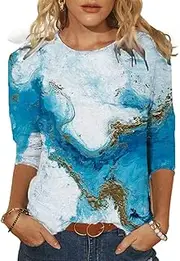Neoucdy Tops for Women Sexy Casual, 3/4 Sleeve Shirts for Women Plus Size Floral Print Tunic Tops Flowy Tshirt Ruched Blouses