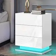 ALFORDSON LED Bedside Table White High Gloss Nightstand Cabinet 45cm x 35cm x 67cm Organiser Storage with 3 Drawers Shelves Bedroom Sofa Side End Table for Living Room Office