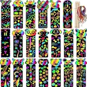 Blulu DIY Bookmark Crafts: 100 Animal Scratch Bookmarks, 20 Wood Stylus, 100 Colorful Ropes - Ages 6+, Animal Themed, Rainbow Party, Art Class, School Project - No Batteries Required
