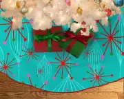 Mid Century Modern Christmas Tree Skirt MCM Retro Atomic Starburst Teal Turqu...