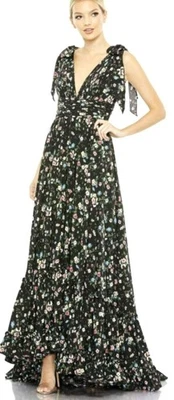 Mac Duggal Maxi Dress Tie-Shoulder Black Floral Gown Size 14 NWT