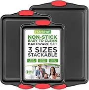 NutriChef Non-Stick Kitchen Oven Baking Pans-Deluxe & Stylish Nonstick Gray Coating Inside & Outside, Commercial Grade Restaurant Quality Metal Bakeware with Red Silicone Handles NCSBS3S, 3 Piece Set