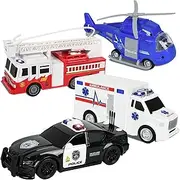 GIGITIGER 4 Packs Emergency Vehicle Toy Playsets for Kids Toddlers, Toy Ambulance, Police Car, and Helicopter with Lights and Sounds, Friction Powered Car Toy for Boys Girls 3 4 5 6 7 8 Years Old