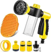 Pup Jet Dog Wash Hose Attachment,8 Spray Pattern Dog Hose Nozzle with Dog Bathing Brush and 3.5oz/100cc Soap Dispenser Bottle,3/4 in Standard Garden Hose Nozzle for Pet Showering Car Washing Watering