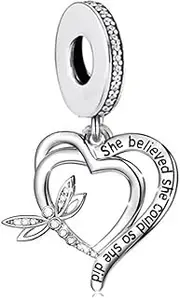[Mon & Sons] Dragonfly Heart She Believed She Could So She Did Bead Pendant 925 Sterling Silver Dangle Compatible With Pandora Charm Bracelet, Metal