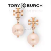 Tory Burch Logo Pearl Drop Earrings Rose Gold