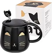 Black Cat Mug Cute Ceramic Coffee Cup with Kawaii Lid and Lovely Stainless Steel Spoon Novelty Morning Cup Coffee Milk Tea Mugs - 3D Animal Cat Mugs for Cat Lovers Women Gifts(Black)