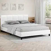 ALFORDSON Bed Frame Base Double Size Platt Series, Mattress Topper Platform Foundation with PU Leather Upholstery for Bedroom, White