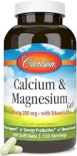 Carlson - Cal-Mag Gels, 2:1 Calcium to Magnesium Ratio, Bone Support, Energy Production, 250 soft gels