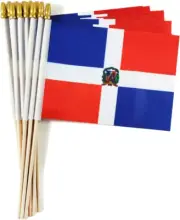 Dominican Small Flag Stick Mini Hand Held Flags - Solid Wooden Pole with Spear T