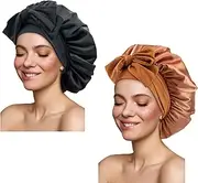 Satin Silk Hair Bonnet for Sleeping Large Bonnets with Tie Band Wrap with Adjustable Straps Night Sleep Caps for Women Curly Braid Hair (Black,Copper)