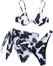 [SPEVERT] Women's Bikini Set 3 Piece Cow Print Swimsuits High Waisted Adjustable Straps Push Up Bathing Suit with Beach Cover