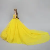 在飛比找Yahoo!奇摩拍賣優惠-黃色手工芭比娃娃婚紗禮服套裝公主晚會禮服裙新娘芭比娃娃禮服配