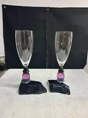 Steven Maslach Black Latticino Black Studio Art Glass Champagne Flutes 1 Pair